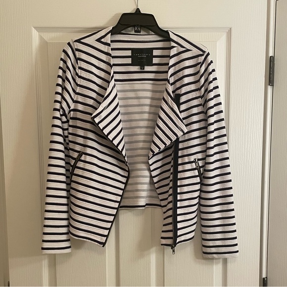 Sanctuary Prep Moto Jacket in Navy Stripe with Front Zip and Pockets - Picture 2 of 12